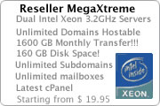 Business web hosting - Reseller Mega Xtreme. cPanel Dual Intel Xeon 3.2GHz Servers. 160GB Disk Space. 3000GB Monthly Transfer. Unlimited domain names Hostable.